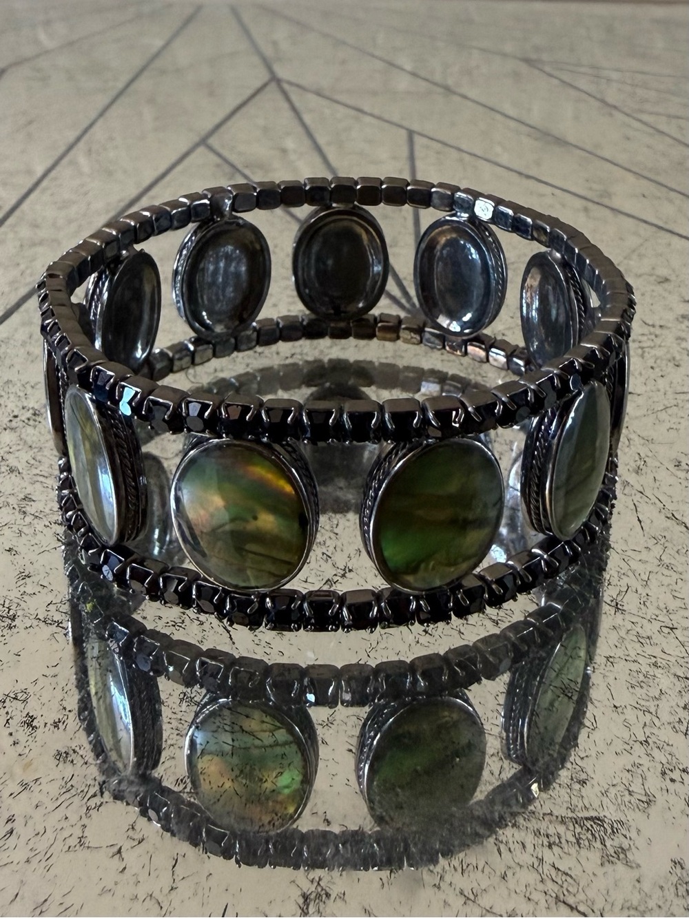 Vintage Green Abalone & Rhinestone Stretch Bracelet - Women Jewelry